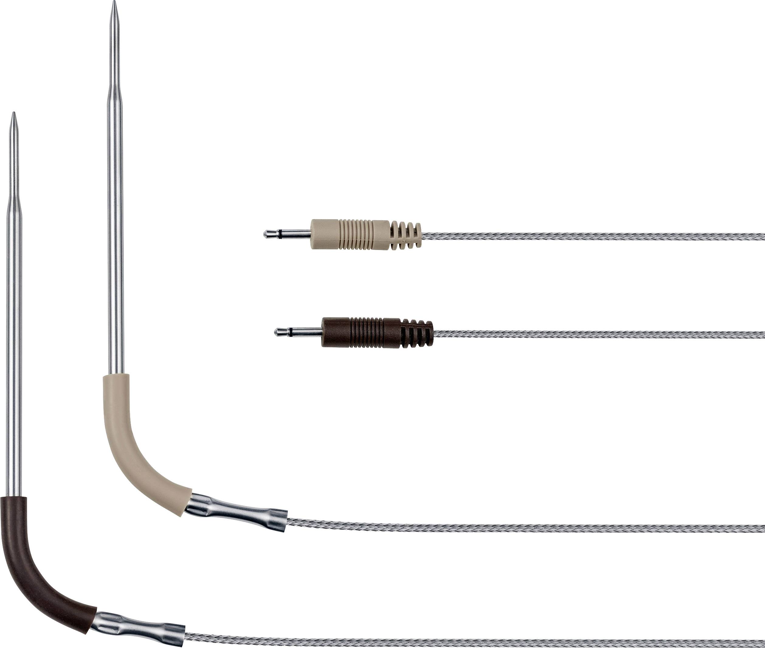 Trzy sondy termometryczne z różnymi wtyczkami i przewodami wykonanymi z plecionki stalowej, na białym tle.