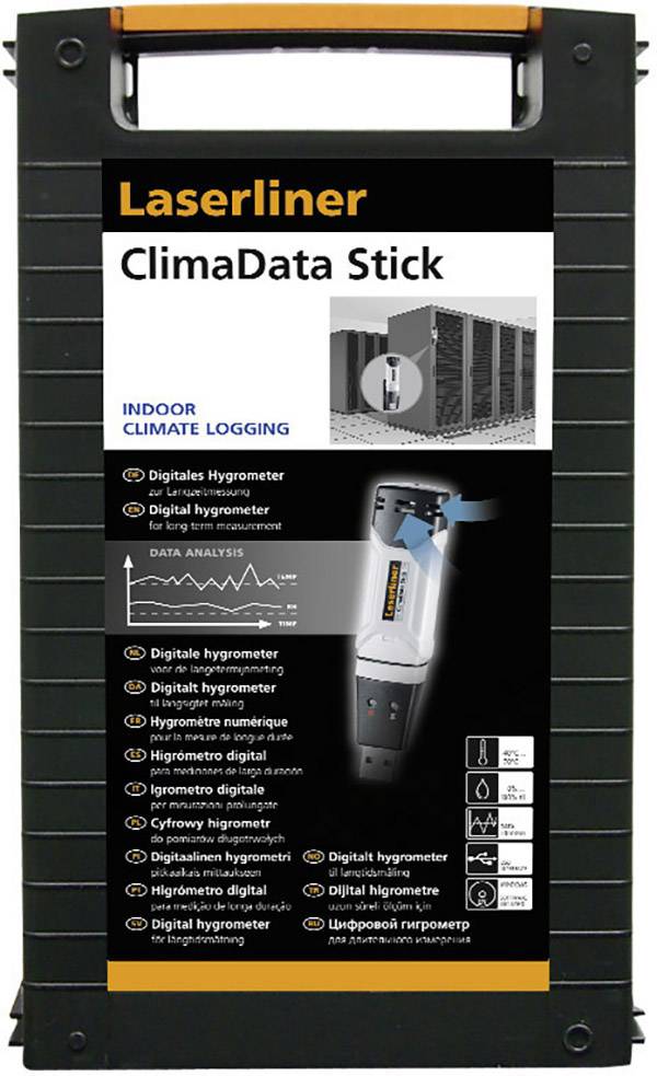 Opakowanie 'Laserliner ClimaData Stick' przedstawia cyfrowy higrometr do monitorowania klimatu wewnętrznego z funkcją analizy danych.