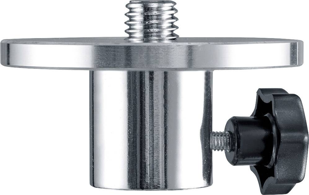 Srebrny uchwyt montażowy z śrubą gwintowaną i czarnym pokrętłem mocującym, przeznaczony do mocowania sprzętu na różnych powierzchniach.