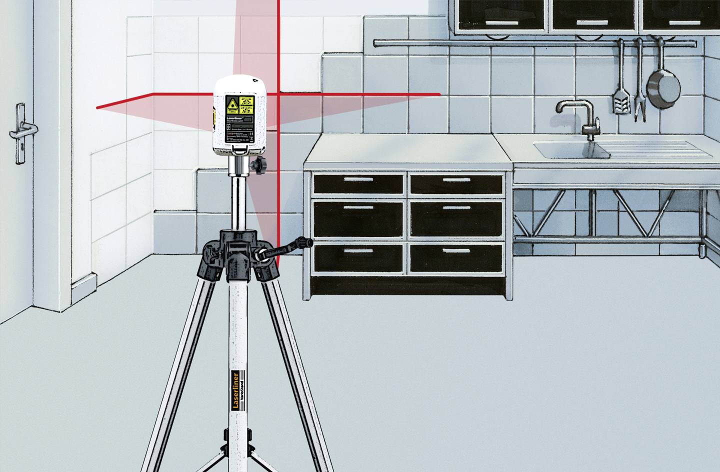 'Niwelator laserowy na statywie rzutuje czerwone linie w kuchni lub warsztacie do wyrównywania. W tle widoczny kran i szafki.'
