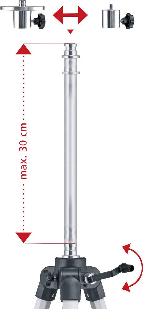 Teleskopowa tyczka do regulacji wysokości do 30 cm. Na górze płyta montażowa, na dole statyw. Odpowiednia do elastycznych wysokości roboczych.