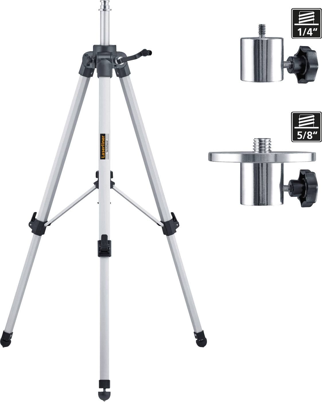 Statyw metalowy z regulowanymi nogami. Dwa adaptery przedstawiają typy gwintów: 1/4 cala i 5/8 cala, z mechanizmem mocującym.