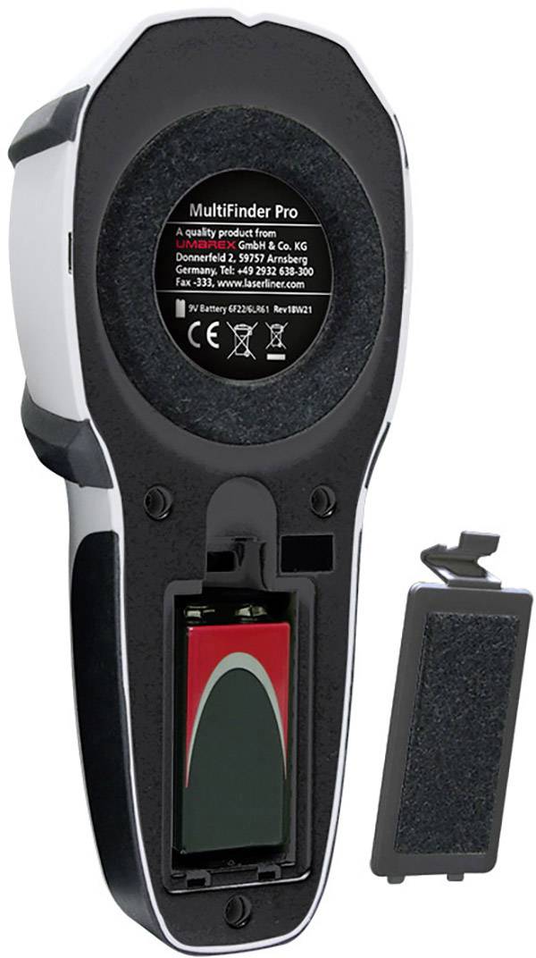 Otwarte urządzenie elektroniczne z widoczną baterią, której pokrywa leży obok. Tekst na tylnej stronie zawiera szczegóły firmy.