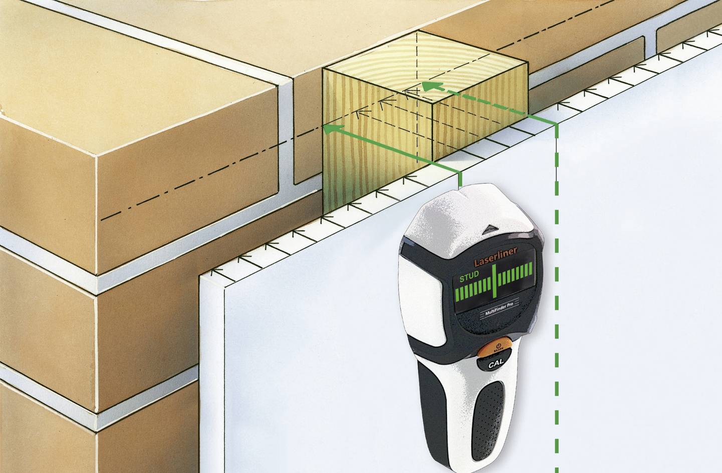 Cyfrowy miernik wskazuje pozycję belki za ścianą, która jest oznaczona zieloną linią.