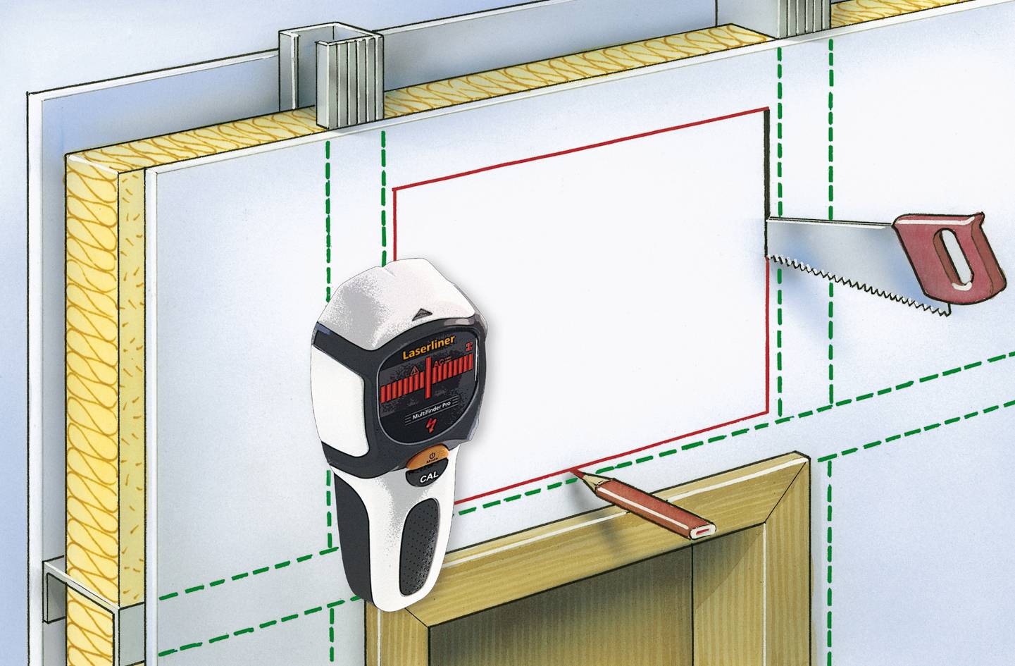 Schemat instalacji gniazdka elektrycznego w ścianie z użyciem cyfrowego narzędzia do wykrywania przeszkód.