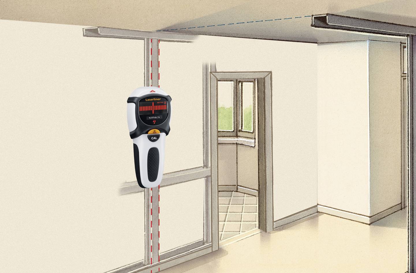 'Ilustracja detektora przewodów, który lokalizuje połączenie kablowe w ścianie i wyświetla je na wyświetlaczu, na tle pomieszczenia.'