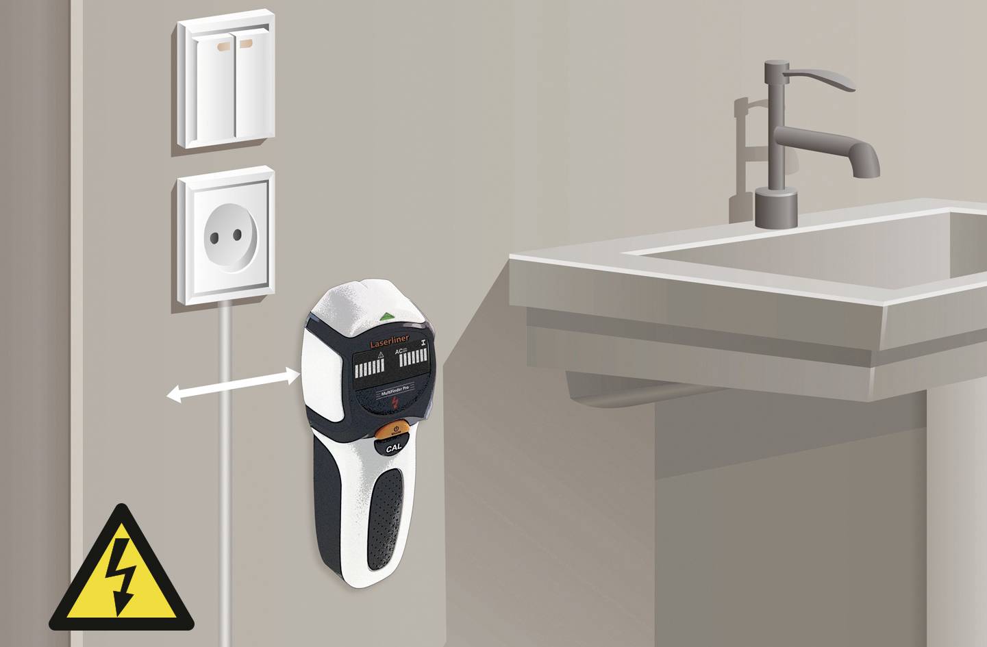Elektryczna maszynka do golenia podłączona do gniazdka w łazience, z żółtym znakiem ostrzegawczym oznaczającym prąd elektryczny. Wskazówka dotycząca ryzyka bezpieczeństwa wynikającego z nieprawidłowego umiejscowienia.
