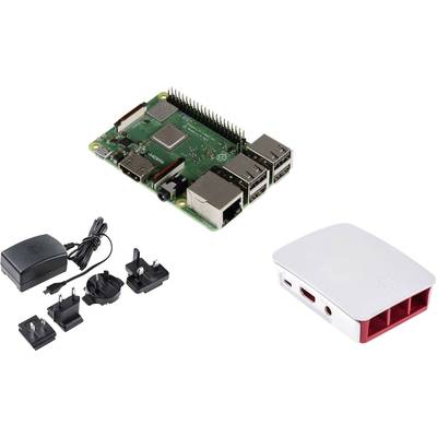 Komputer jednopłytkowy Raspberry Pi z zasilaczem, kilkoma międzynarodowymi adapterami wtyczek oraz białą i czerwoną obudową.