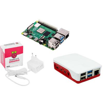 Mikrokomputera Raspberry Pi z akcesoriami: zasilacz, kabel USB, obudowa; zdjęcie z góry.
