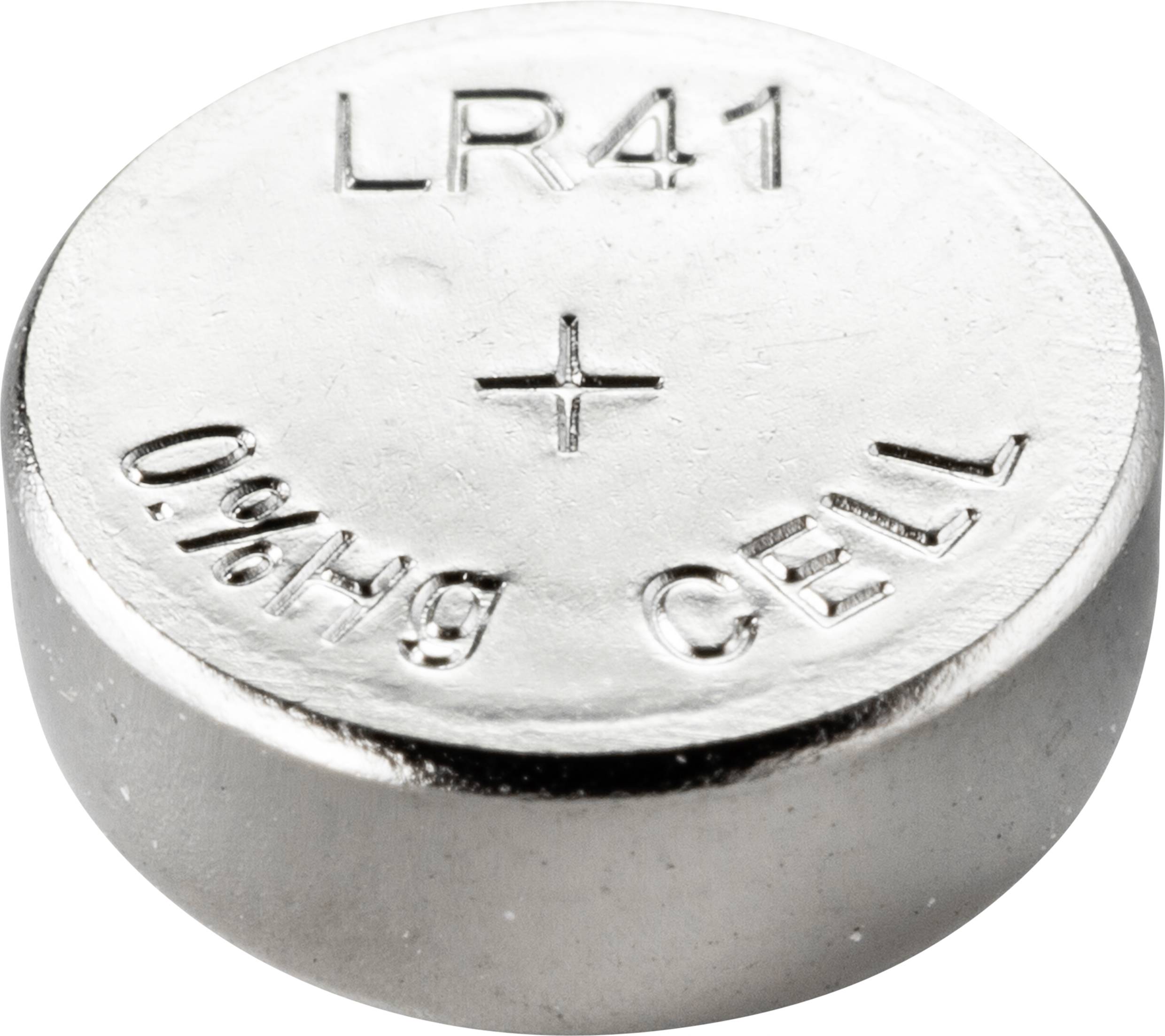 Okrągła bateria guzikowa z napisem 'LR41' i znakiem plus wskazującym biegunowość. Odpowiednia do małych urządzeń elektronicznych.