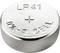 Okrągła bateria guzikowa z napisem 'LR41' i znakiem plus wskazującym biegunowość. Odpowiednia do małych urządzeń elektronicznych.