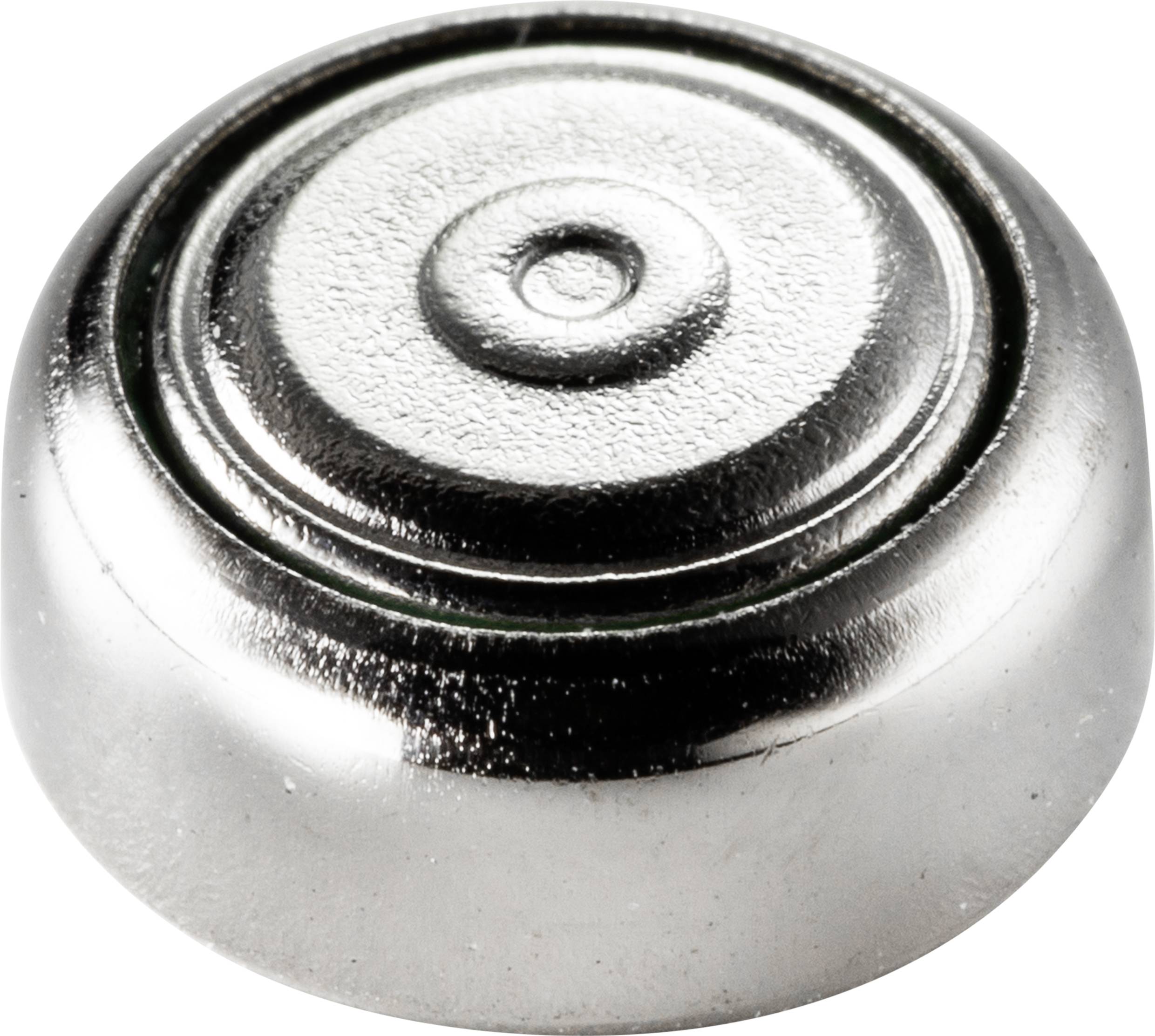 Srebrzysta bateria guzikowa o gładkiej powierzchni z koncentrycznymi kołami na wierzchu.