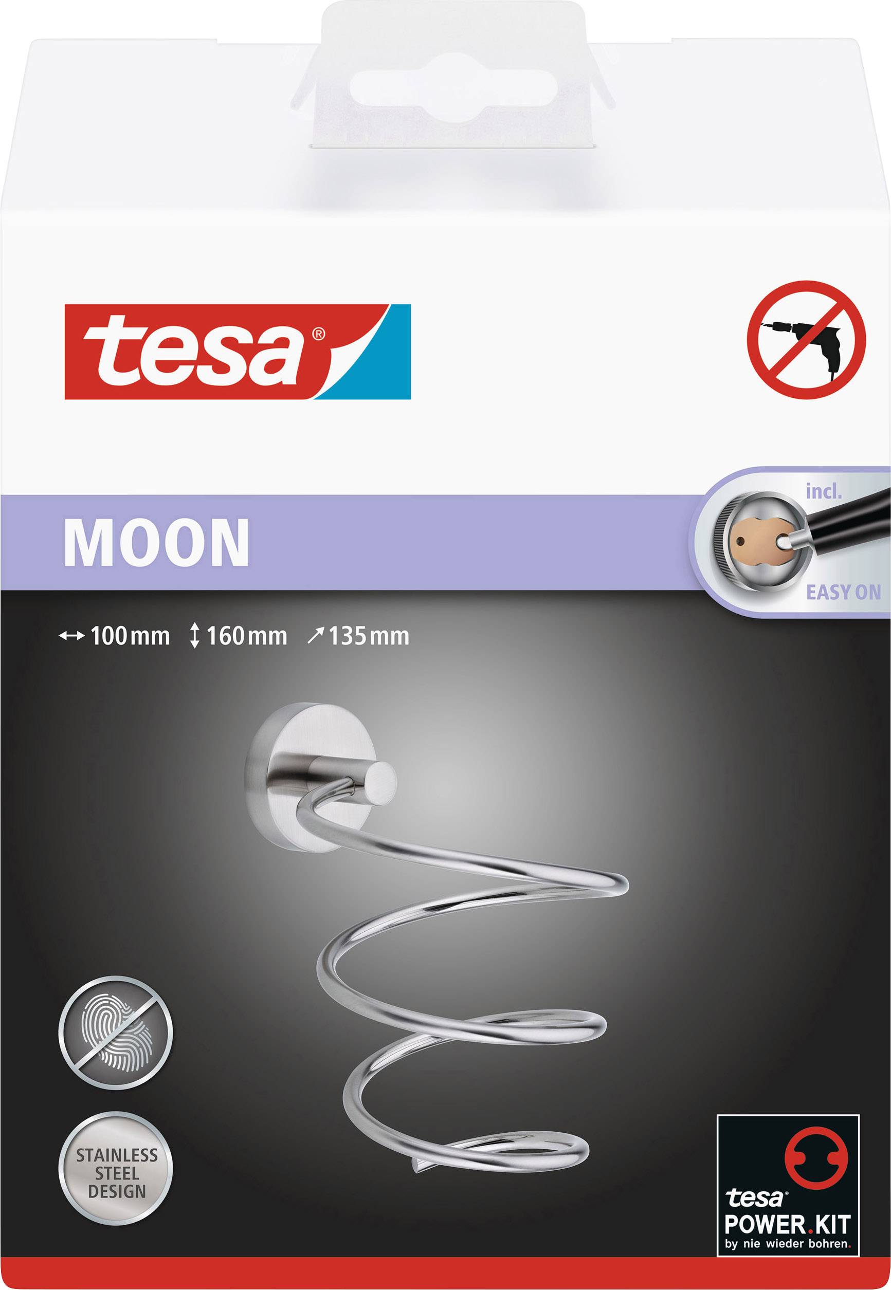 Opakowanie prezentuje uchwyt na ręczniki tesa 'MOON' ze stali nierdzewnej o spiralnym designie. Wymiary: 100 mm x 160 mm x 135 mm.