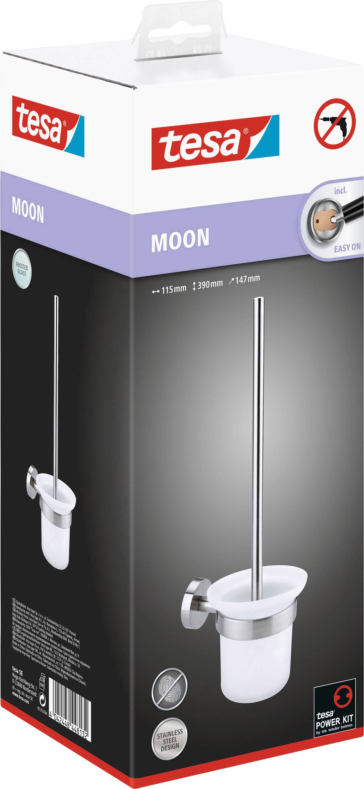 Opakowanie uchwytu na szczotkę toaletową Tesa MOON, mocowanego bez wiercenia. Zawiera zestaw mocujący i instrukcję montażu.