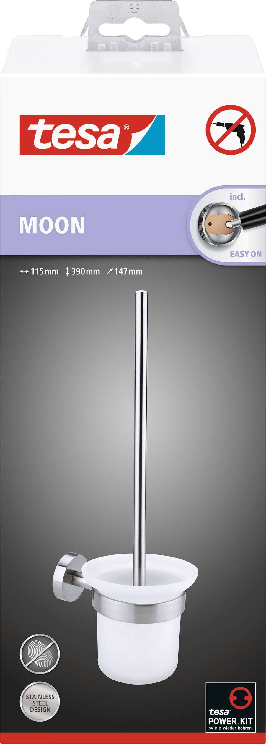 Opakowanie uchwytu na szczotkę toaletową Tesa Moon, wykonanego ze stali nierdzewnej, z systemem mocowania Power.Kit bez konieczności wiercenia.