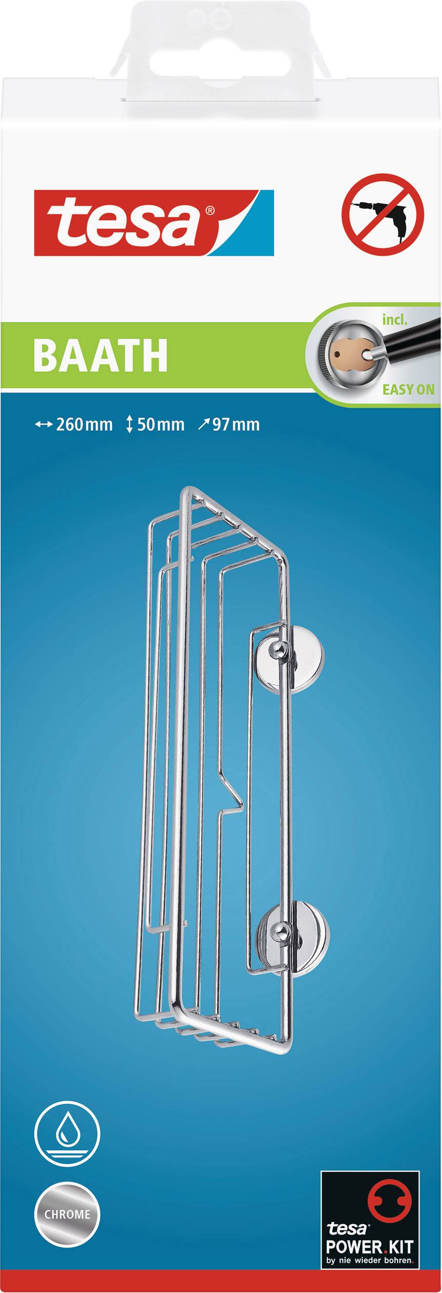 Opakowanie wieszaka na koszyk prysznicowy Tesa 'BAATH' z systemem 'Easy On', w wyglądzie stali, wymiary: 260x50x97 mm. Montaż bez użycia narzędzi.