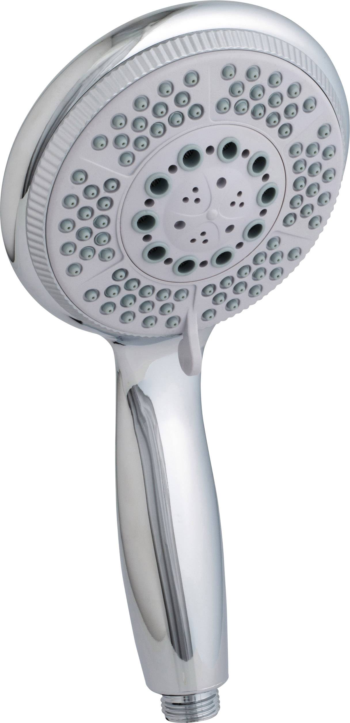 Słuchawka prysznicowa z chromowaną rączką, wyposażona w kilka dysz umożliwiających różne ustawienia strumienia wody.