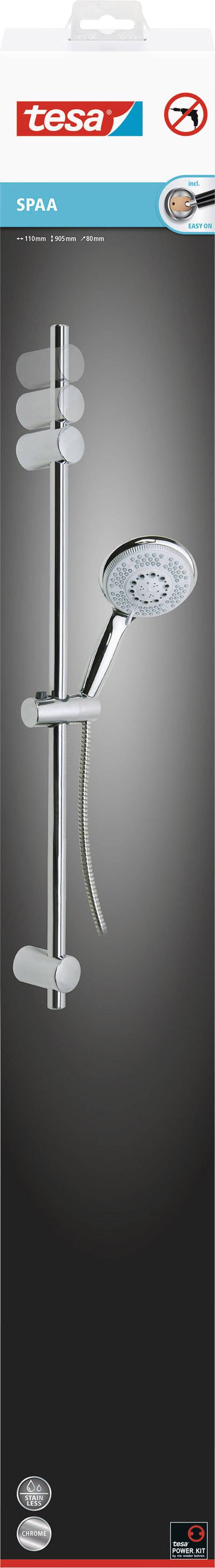 Drążek prysznicowy z słuchawką zamontowany na ścianie, w chromowanym wykończeniu. Na górze logo 'tesa'. Zawiera oznaczenie możliwości montażu bez wiercenia.