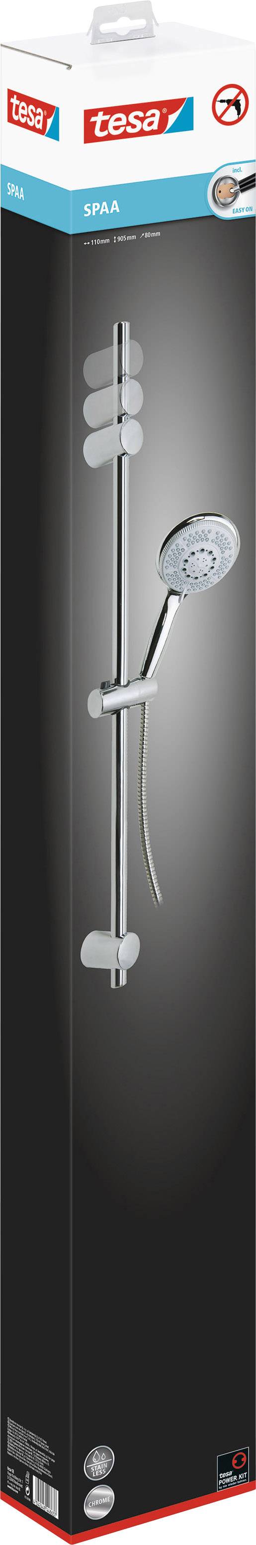 Opakowanie zestawu prysznicowego z słuchawką prysznicową i uchwytem, ilustracja produktu na przedniej stronie, marka 'tesa'.