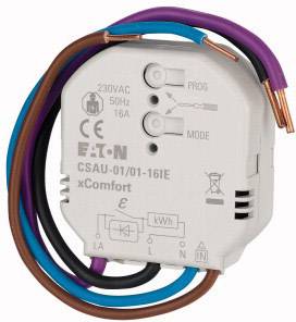 Biały elektryczny adapter gniazdkowy firmy Eaton z różnokolorowymi kablami i szczegółami technicznymi na przedniej stronie.