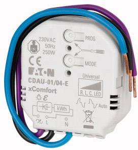Elektryczny odbiornik przełączający w białej obudowie z oznaczonymi symbolami, otoczony niebieskimi, czarnymi i fioletowymi przewodami.