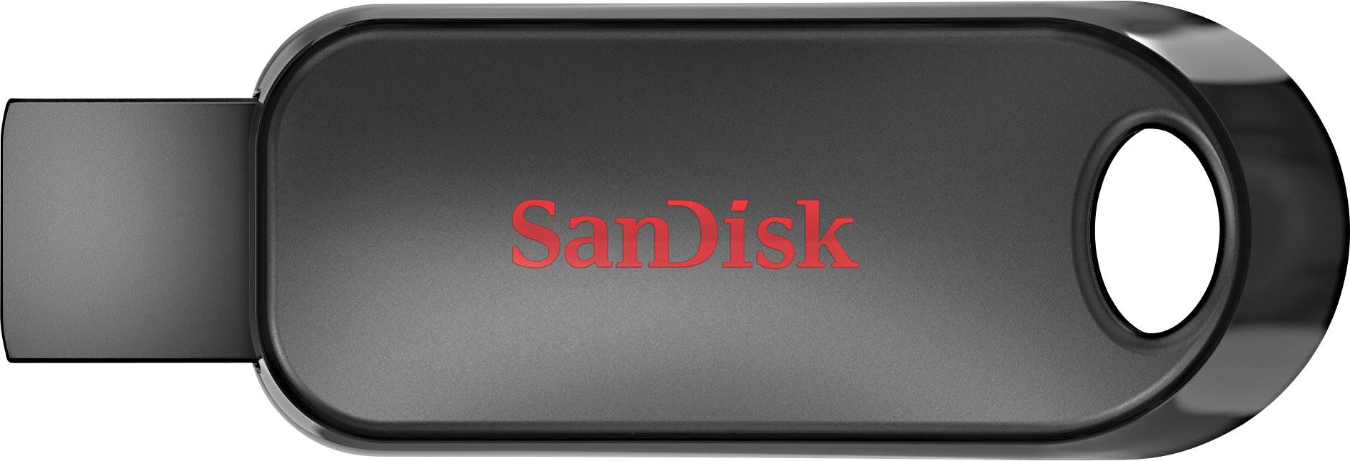 Czarny pendrive SanDisk z czerwonym logo pośrodku; posiada otwór na końcu do zamocowania smyczy lub breloczka.