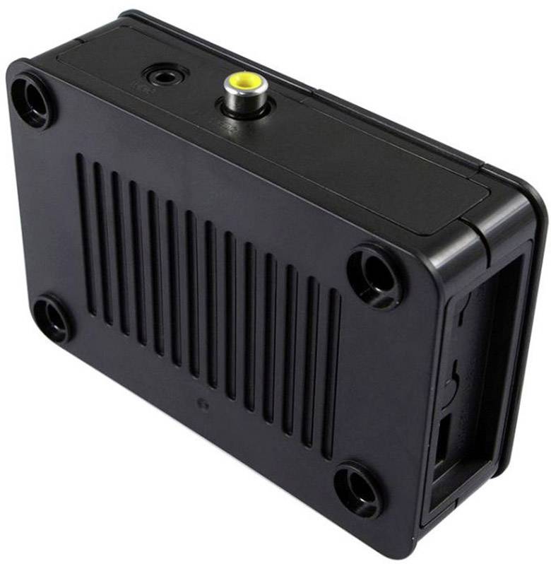 Czarne, prostokątne urządzenie z rowkami na bokach i żółtym złączem na górnej powierzchni.