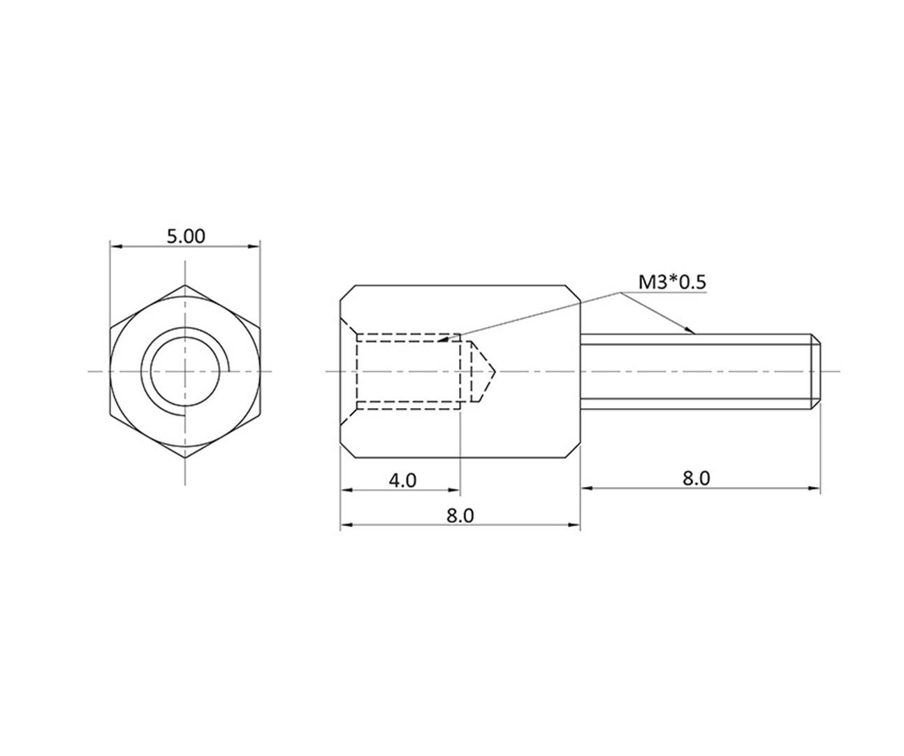 Rysunek techniczny elementu metalowego z gwintem M3*0,5, wymiary: głowica 8,0 mm, trzpień 8,0 mm, średnica 5,0 mm.