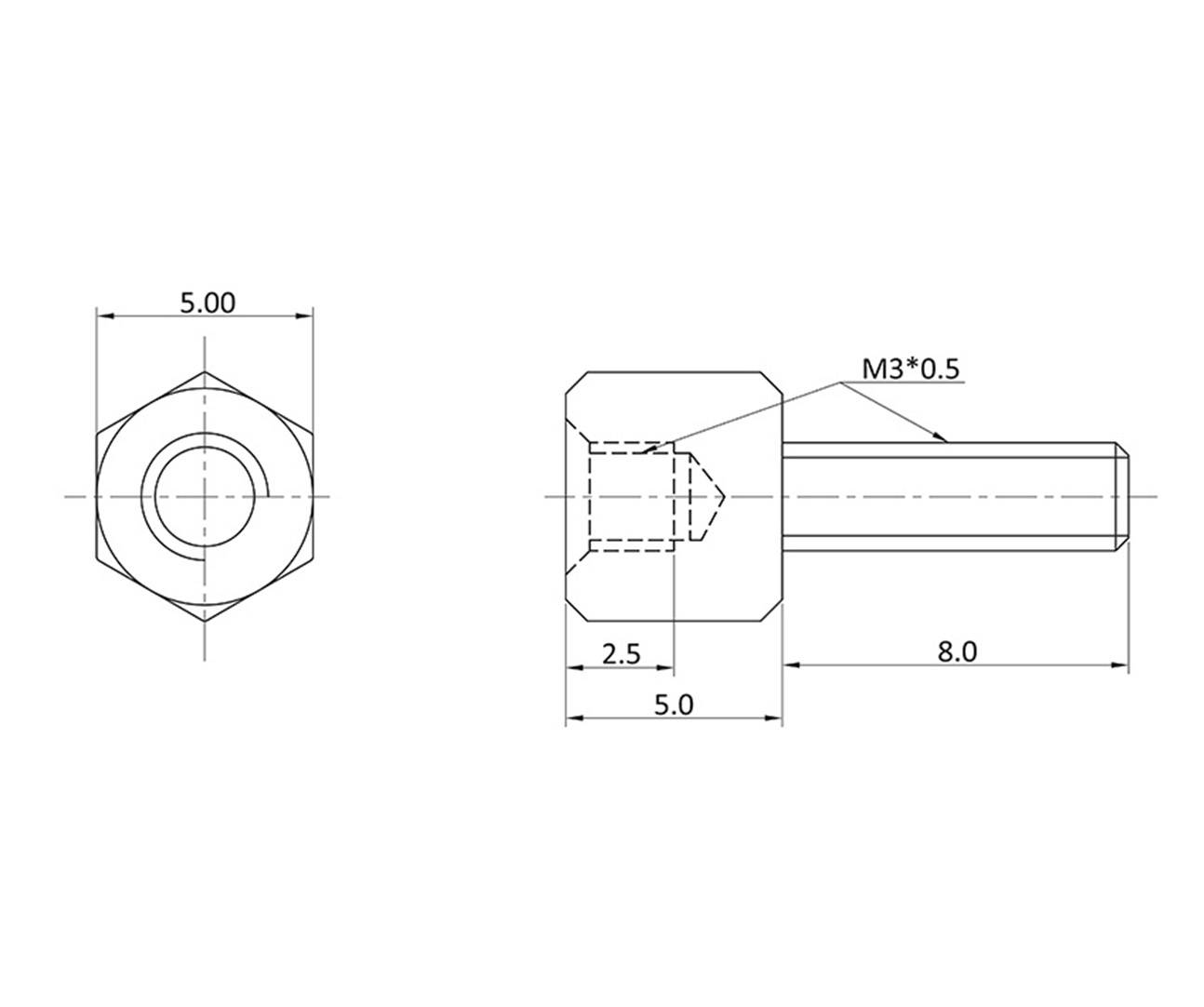 Rysunek techniczny metalowego sworznia z wymiarami: długość 8,0 mm, szerokość główki 5,0 mm, gwint M3 x 0,5 mm. Widok z góry i widok z boku.