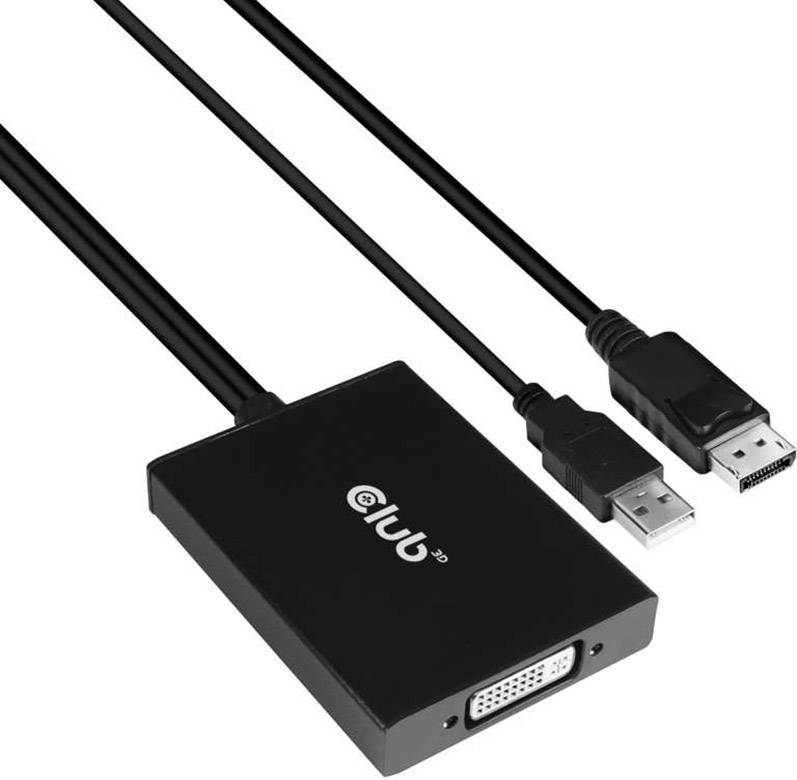 Czarny adapter Club 3D z kablami HDMI i USB umożliwia połączenie między złączami DVI a HDMI.