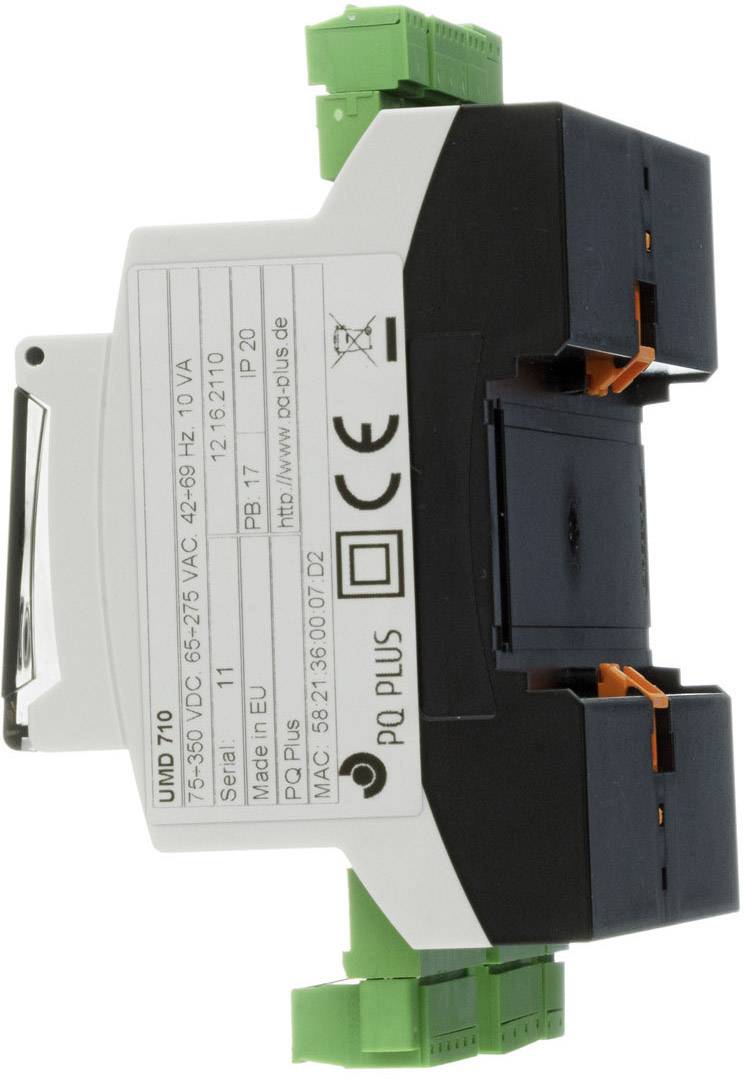 Elektryczny element składowy z oznakowaniem produktu 'UMD 710' oraz specyfikacjami technicznymi, w tym napięciem i krajem pochodzenia.