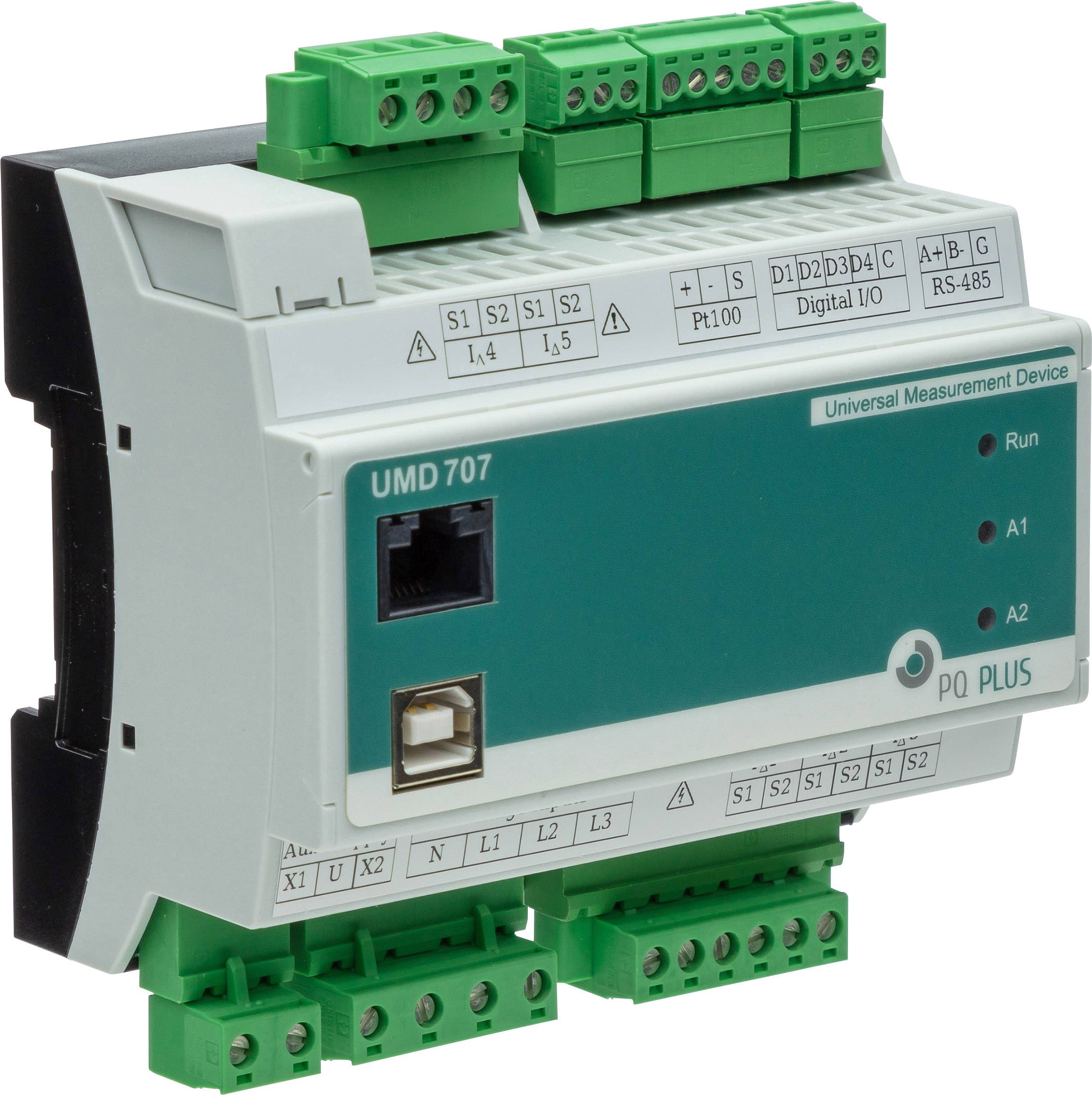 Urządzenie pomiarowe UMD 707 do monitorowania parametrów elektrycznych. Wyświetla wejścia i wyjścia cyfrowe, posiada złącze RS-485 oraz wskaźniki LED.