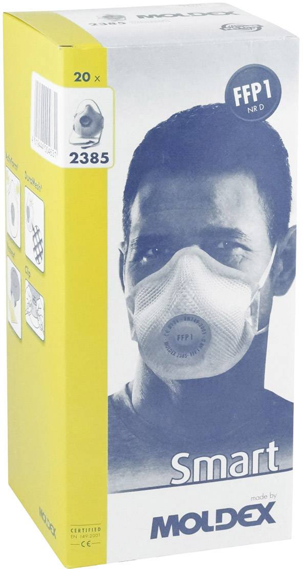 Osoba w masce ochronnej na opakowaniu, oznaczona jako 'FFP1 NR D'. Marka 'Moldex', numer modelu '2385', opakowanie zawiera 20 sztuk.