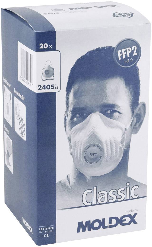 Opakowanie z 20 maskami ochronnymi FFP2 marki Moldex. Na przedniej stronie widać mężczyznę noszącego maskę.