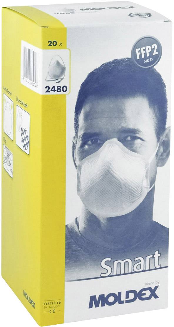 Żółte pudełko z 20 maskami FFP2 marki Moldex. Na przedniej stronie zdjęcie mężczyzny w masce oraz napis 'Smart'.