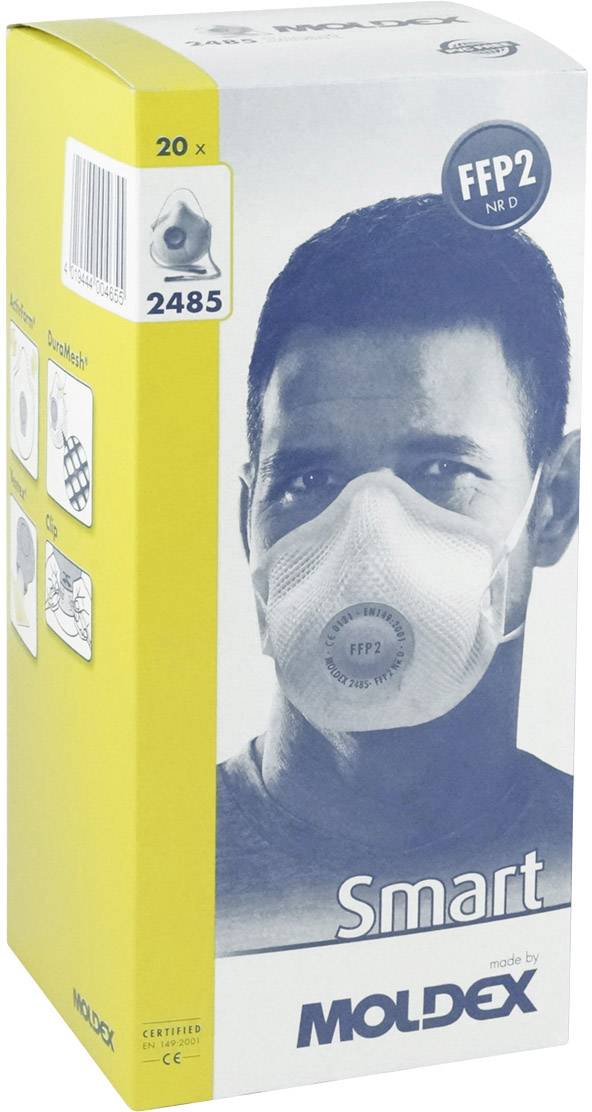 Opakowanie maski Moldex FFP2, model 2485, do ochrony dróg oddechowych; ilustracja mężczyzny w masce; 20 sztuk w opakowaniu.