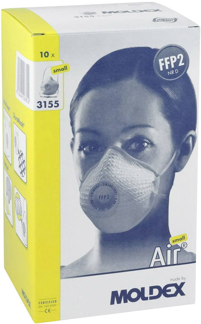 Maska ochronna FFP2 firmy Moldex w małym rozmiarze, przedstawiona na żółtym opakowaniu ze zdjęciem osoby noszącej maskę.