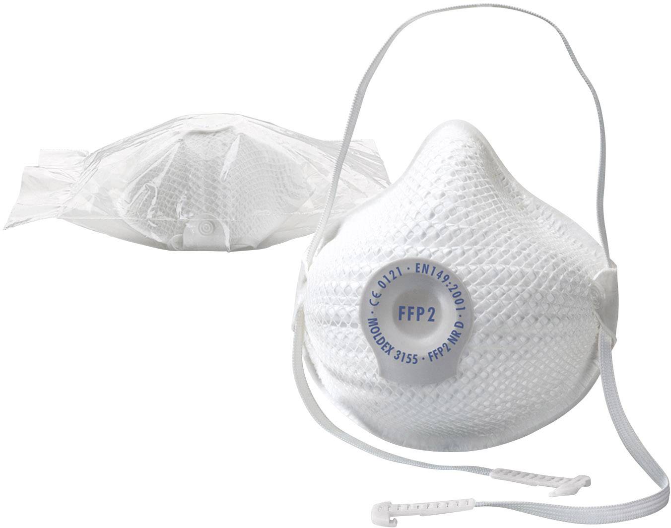 Dwie białe maski ochronne FFP2, jedna w opakowaniu, druga rozpakowana z napisem 'FFP2' na zaworze. Chronią przed cząsteczkami.