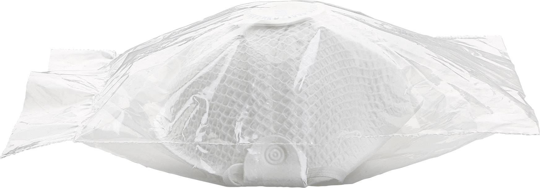 Biała maska ochronna w przezroczystym opakowaniu plastikowym.