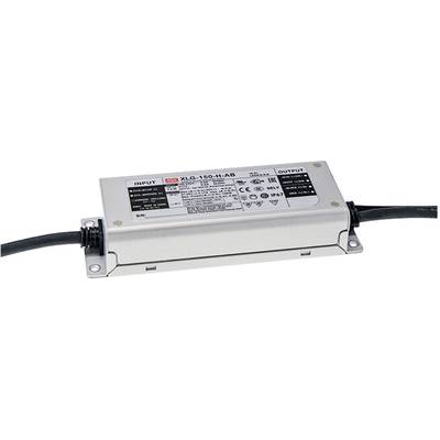 Metalowe zasilanie LED z przewodami wejściowymi i wyjściowymi, nazwa produktu 'XLG-150-H-AB', informacje techniczne na górnej powierzchni.