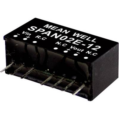Elektroniczny komponent z napisem 'SPAN02E-12' firmy MEAN WELL. Przedstawia złącza wejściowe i wyjściowe dla Vin, Vout.