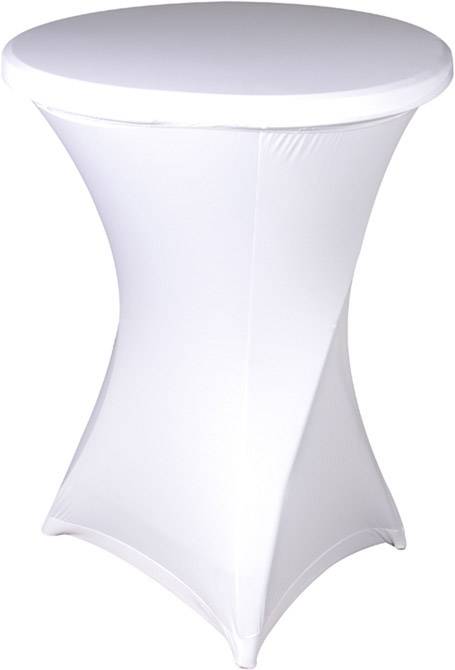 Okrągły stolik koktajlowy z białym elastycznym pokrowcem naciągniętym mocno na blat i nogi.