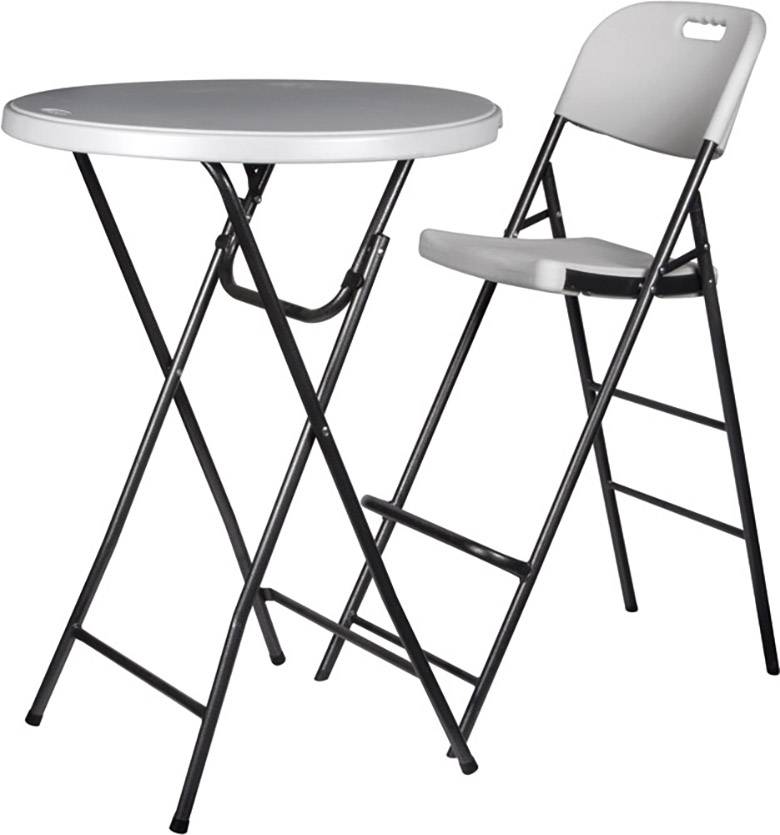 Składany wysoki stolik oraz składany hoker barowy, oba z czarną metalową ramą oraz siedziskami i powierzchniami w kolorze szarym.