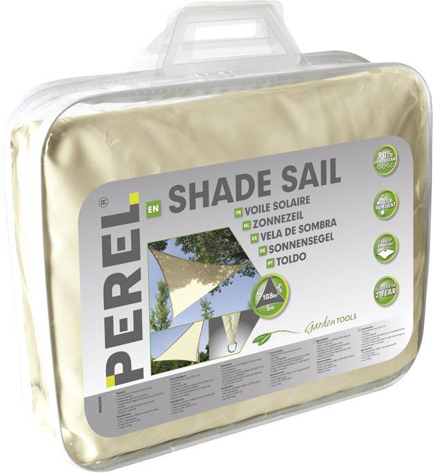 Opakowanie żagla przeciwsłonecznego marki Perel. Zapewnia 90% ochrony przed promieniowaniem UV i jest opisany w różnych językach. Rozmiar: 10 m².
