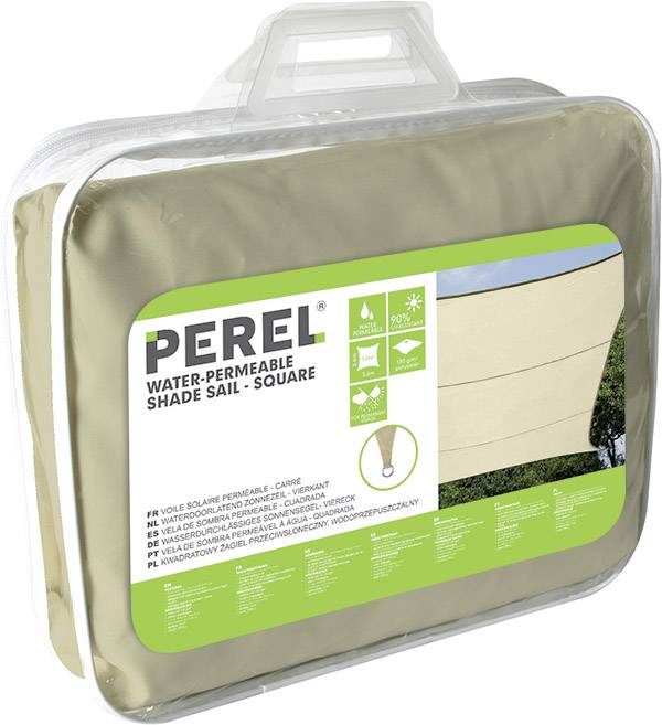 Beżowy kwadratowy żagiel przeciwsłoneczny w przezroczystym opakowaniu, oznaczony etykietą 'PEREL' oraz piktogramami ilustrującymi jego wodoodporność i zdolność do zapewnienia cienia.