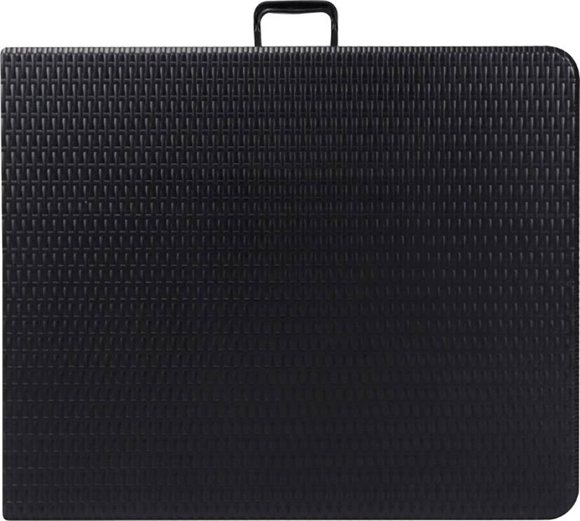 Zamknięta, czarna torba z plecionym wzorem i uchwytem u góry.