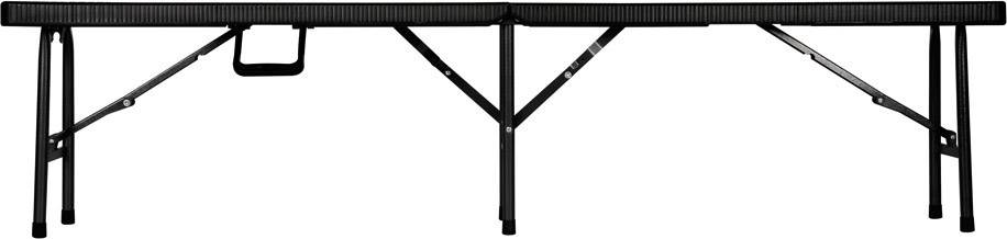 Składany czarny stół z metalowymi nogami i uchwytem do przenoszenia. Idealny na camping lub imprezy plenerowe.