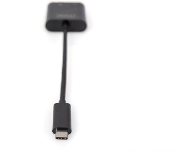 Czarny kabel USB-C z prostokątnym złączem na drugim końcu, na białym tle.