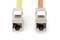 Dwa wtyki RJ45 obok siebie, jeden z innym kablem - żółtym i czerwonym - na białym tle. Głównie używane do połączeń sieciowych.