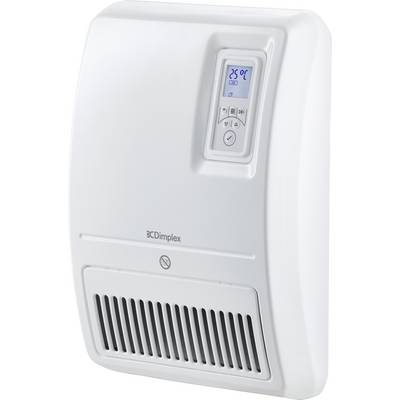 Biały elektryczny termowentylator z cyfrowym wyświetlaczem pokazuje 25°C. Kratka wentylatora znajduje się na dole. Widoczna jest nazwa marki 'Dimplex'.